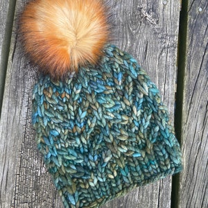 Merino Wool Knit Hat with Faux Fur Pom | Women's Small/Child's Large, Soft Chunky Knit Beanie in Malabrigo Yarn | Ethically Sourced Wool