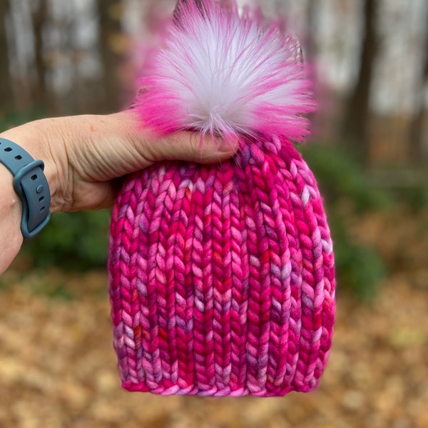 Baby 6-12 mo. Soft Thick Hand-Knit Hat Faux Fur Pom | Bright Pink Beanie in Premium Yarn From Ethically Sourced Merino Wool
