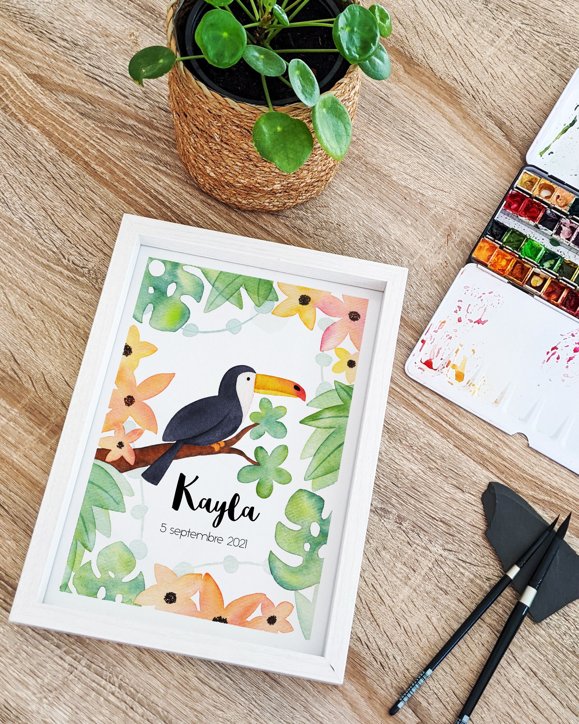Toucan et Jungle Fleurie- Impression d'art- Aquarelle- Décoration Enfant Personnalisée - Affiche Nai