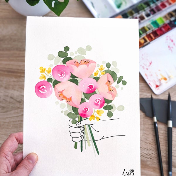 Bouquet rose dans une main- impression d’art- aquarelle-décoration