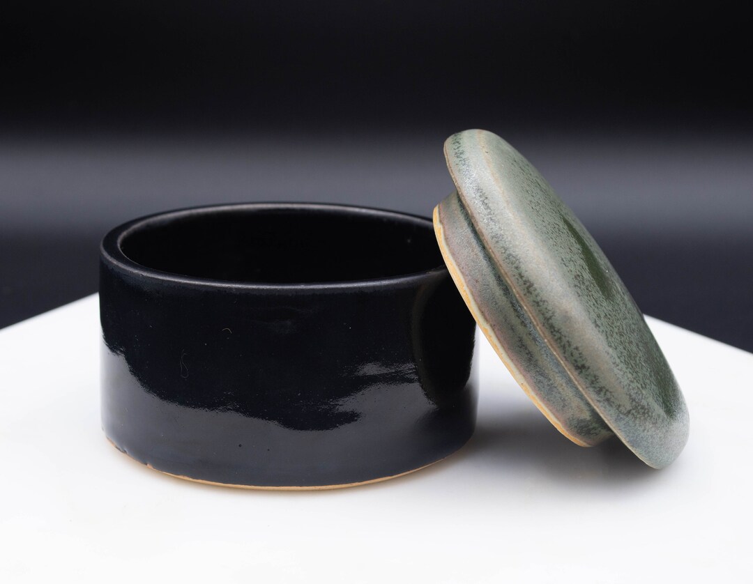 Handmade Black and Green Ceramic Jar With Lid Great for Trinkets or