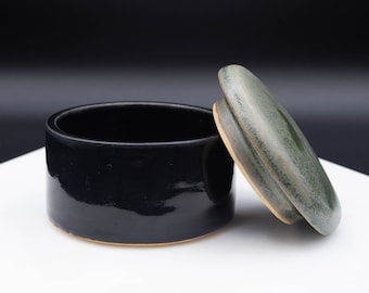 Handmade black and green ceramic jar with lid - great for trinkets or jewelry storage