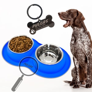 Custom Pet Bowl Set: Stainless Steel Bowls with Silicone Mat & Free ID Tag