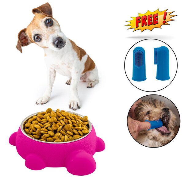 KE WOOW Dog Bowl Cat, dog food bowl, bpa Free, Stainless Steel and silicone, Turtle Design-Free tooth Brush -CUSTOMIZED