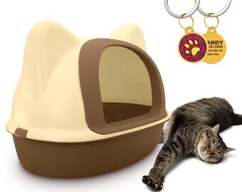 KEWOOW Cat Litter Box with Ears, and  with Shovel, Front Door, MEDIUM and small cats - Free Personalized Dog Tag and bowl set -