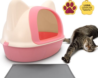 KEWOOW Cat Litter Box with Ears, and  with Shovel, Front Door, for LARGE cats - Free Personalized Dog Tag and Silicone Mat - Pink or Blue