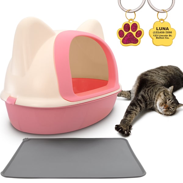 KEWOOW Cat Litter Box with Ears, and  with Shovel, Front Door, for LARGE cats - Free Personalized Dog Tag and Silicone Mat - Pink or Blue