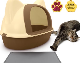 KEWOOW Cat Litter Box with Ears, and  with Shovel, Front Door, MEDIUM and small cats - Free Personalized ID Tag and silicone mat