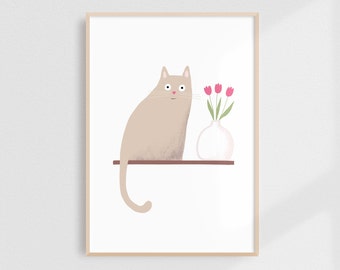 Cat Print, Cat Prints, Kitten, Kids Prints, Kids Room Prints, Cat on Shelf Print, Nursery Print, Children's Art, Nursery Decor, Tulip Print