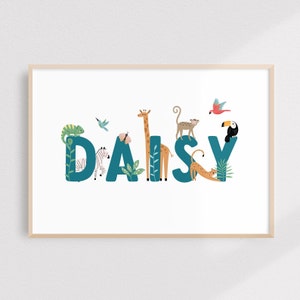 Impressão personalizada da selva, impressão do quarto das crianças escandinavas, impressões do nome da selva, impressão personalizada das crianças, impressão personalizada do nome do safári, impressão do nome personalizado