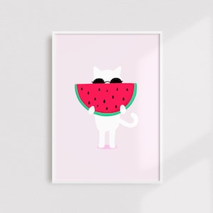 Cat with Watermelon Print, Cat Prints, Watermelon Print, Kids Prints, Kids Room Prints, Nursery Print, Girl&#39;s Print, Nursery Decor