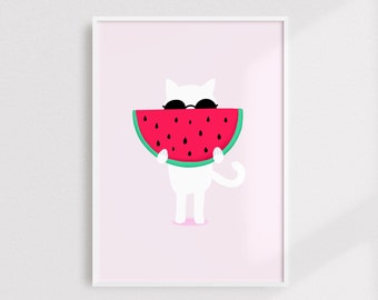 Cat with Watermelon Print, Cat Prints, Watermelon Print, Kids Prints, Kids Room Prints, Nursery Print, Girl's Print, Nursery Decor