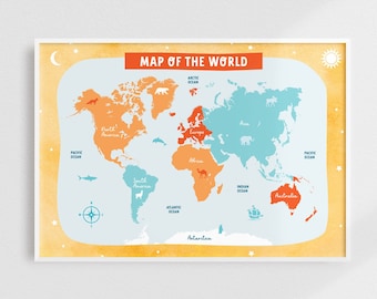 Map of the World Print, Nursery Decor, World Map Print, Kids World Map, Nursery Print, Scandi Print, Nursery Prints, Kids Print, World Map