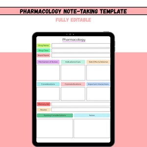 May include: A digital tablet displaying a pharmacology note-taking template with the text PHARMACOLOGY NOTE-TAKING TEMPLATE and FULLY EDITABLE at the top. The template includes labeled fields for drug name, class, mechanism, and nursing considerations.
