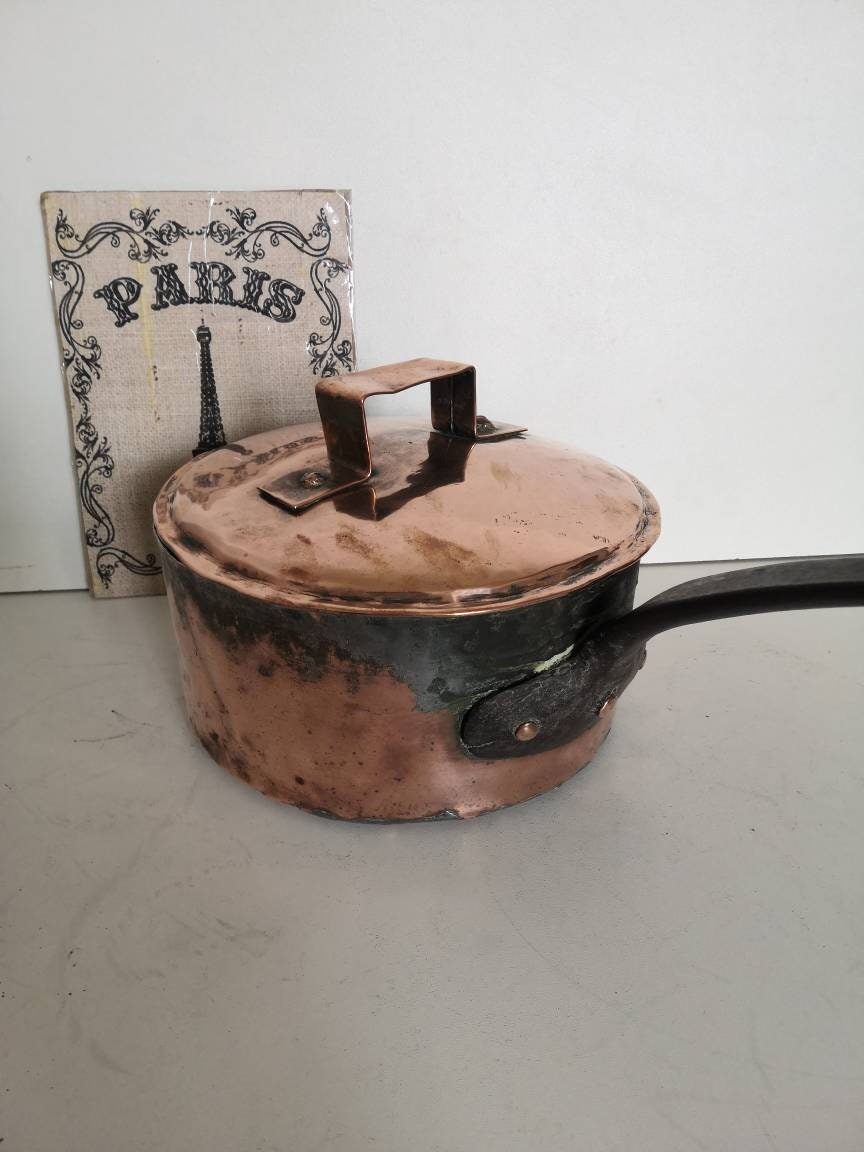Casserole en Cuivre Antique avec Couvercle Vieux Pan Décor Rustique Cuivre, Casserole Cadeau Cuivre