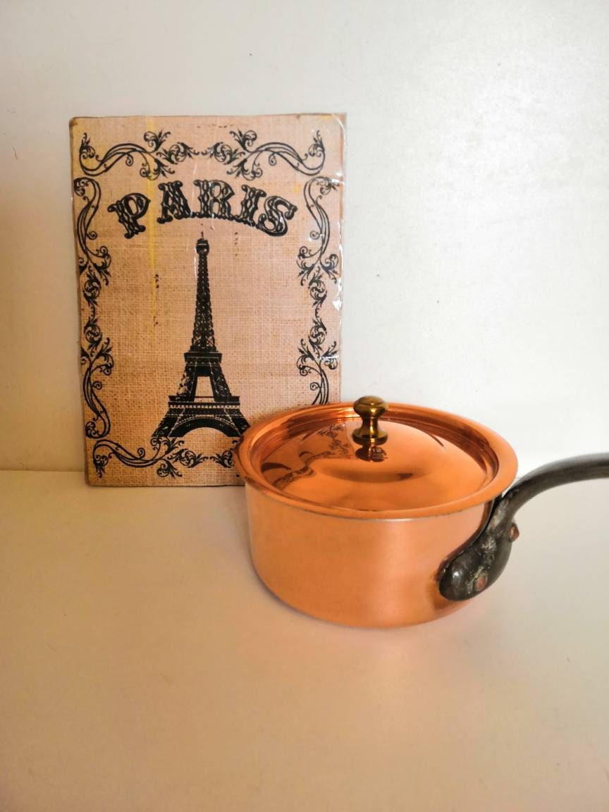 Poêle en Cuivre Vintage Français Villedieu avec Couvercle, Casserole Couvercle 2mm d'épaisseur, Fran