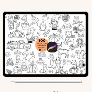 May include: A digital illustration of 100 black and white fall and autumn themed stamp brush designs for Procreate. The designs include gnomes, pumpkins, deer, squirrels, owls, and more.