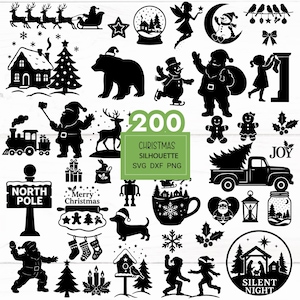 Könnte beinhalten: Eine Sammlung von 200 schwarzen Weihnachtssilhouetten. Enthält Weihnachtsmänner, Rentiere, Schneemänner, Weihnachtsbäume und andere festliche Elemente. Der Text "200 Christmas Silhouette SVG DXF PNG" ist ebenfalls enthalten.