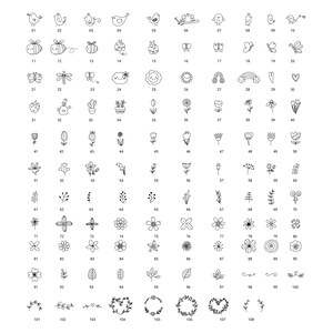 K&ouml;nnte beinhalten: Ein Satz von 100 Schwarzwei&szlig;-Linienzeichnungen mit verschiedenen Fr&uuml;hlings- und Sommermotiven, darunter V&ouml;gel, Bienen, Schmetterlinge, Blumen und Herzen. Die Illustrationen sind von 01 bis 100 nummeriert.