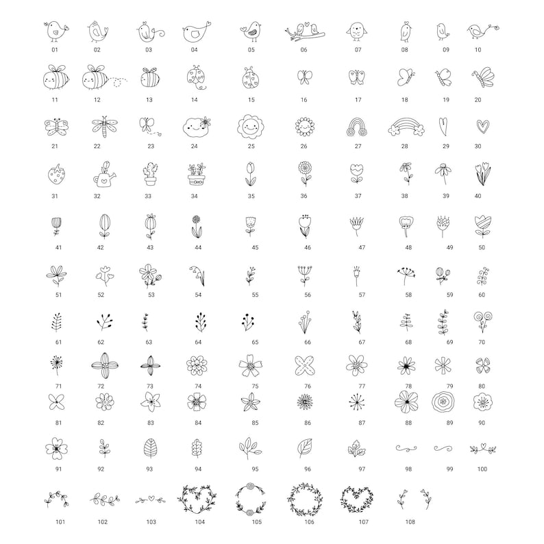 K&ouml;nnte beinhalten: Ein Satz von 100 Schwarzwei&szlig;-Linienzeichnungen mit verschiedenen Fr&uuml;hlings- und Sommermotiven, darunter V&ouml;gel, Bienen, Schmetterlinge, Blumen und Herzen. Die Illustrationen sind von 01 bis 100 nummeriert.