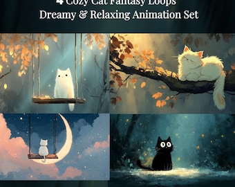 4 przytulne pętle animacji fantasy z kotami | Marzycielskie magiczne nocne koty | Relaksujące tło wideo w jakości Full HD