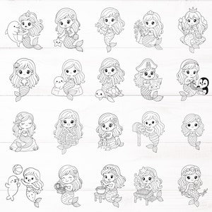 May include: A collection of black and white mermaid illustrations. Each mermaid has a unique design, some holding objects like a starfish, a dolphin, or a treasure chest. The mermaids are depicted with flowing hair and detailed fishtails, set against a white wood-grain background.