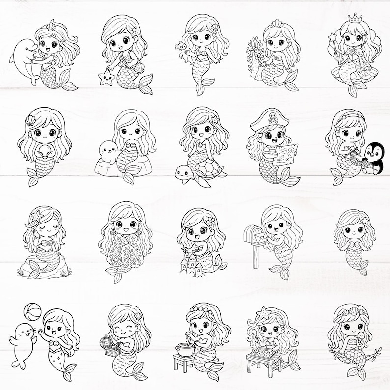 May include: A collection of black and white mermaid illustrations. Each mermaid has a unique design, some holding objects like a starfish, a dolphin, or a treasure chest. The mermaids are depicted with flowing hair and detailed fishtails, set against a white wood-grain background.