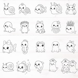 May include: Black and white line art illustrations of various sea creatures, including a snail, turtle, fish, crab, seal, penguin, jellyfish, and more. Each creature has a cute, cartoonish design with bows and smiling faces.