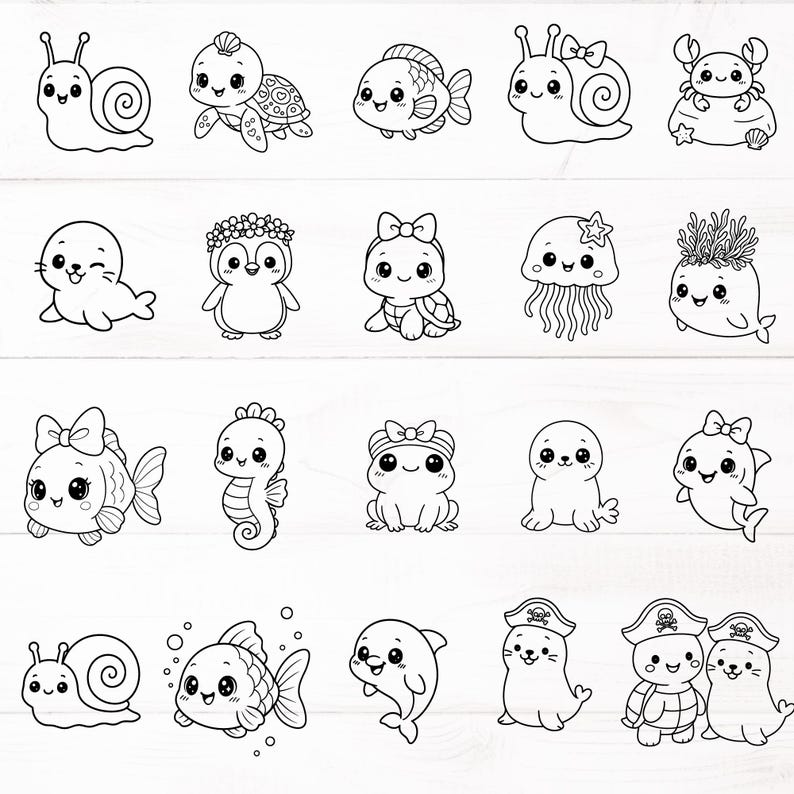 May include: Black and white line art illustrations of various sea creatures, including a snail, turtle, fish, crab, seal, penguin, jellyfish, and more. Each creature has a cute, cartoonish design with bows and smiling faces.
