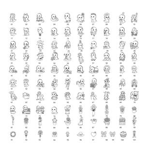 May include: A collection of 101 black and white illustrations. The illustrations feature a variety of cute dinosaur characters in different poses and with various accessories. Also included are floral and decorative elements.