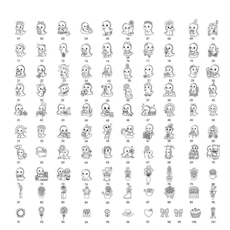 May include: A collection of 101 black and white illustrations. The illustrations feature a variety of cute dinosaur characters in different poses and with various accessories. Also included are floral and decorative elements.