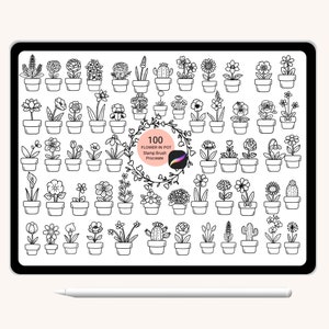 Puede incluir: Una ilustración digital de 100 diseños de flores en maceta en blanco y negro. Los diseños están dispuestos en una cuadrícula sobre un fondo blanco. El texto "100 FLOWER IN POT Stamp Brush Procreate" está en el centro de la imagen.