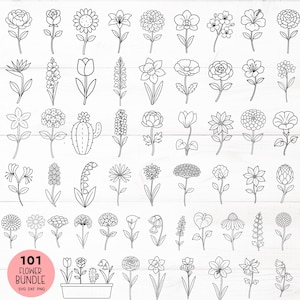 May include: A collection of 101 line art flower illustrations in black and white. The image features various flower types, including roses, lilies, and daisies. The text "101 Flower Bundle" is displayed in a pink circle at the bottom left.