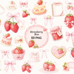 50 jordgubbsrosett clipart paket PNG, rosa kokett akvarell jordgubbar, söt band dessert digital nedladdning