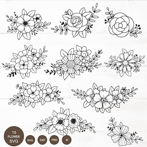 10 blompaket SVG-filer, blom-SVG-filer, blombladsklippfil, vildbloms-svg, handritad bröllopsstil, svg, png, eps, för Cricut