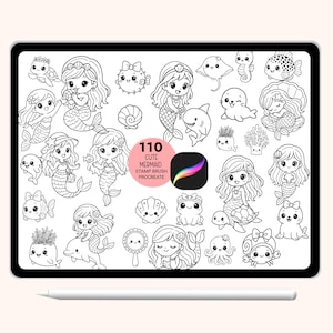 110 Mermaid & Sea Cute Cartoon stamp brush bundle, brush animal,fish, kawaii cartoon,kawaii mermaid underwater stamp brush for procreate