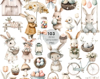 103 Vintage Easter Bunny Clipart Bundle,Cute Spring Clip Art,Watercolor Floral Baby Rabbits,Junk Journal Scrapbooking Png Digital Dowanload