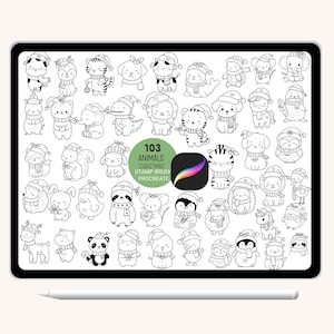 103 Animals Christmas Procreate Stamps, Animal Cartoon Doodle, stamps brush,hand drawn, Brush for Procreate