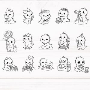 May include: A collection of black and white cartoon dinosaur illustrations. Each dinosaur is depicted in various activities, including playing guitar, holding a flower, and reading a book. The dinosaurs have cute, friendly expressions.