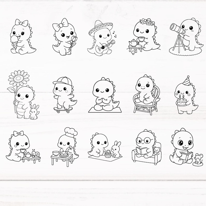 May include: A collection of black and white cartoon dinosaur illustrations. Each dinosaur is depicted in various activities, including playing guitar, holding a flower, and reading a book. The dinosaurs have cute, friendly expressions.