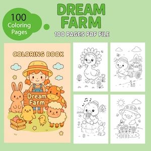 100 stron Kolorowanka dla dzieci Pakiet PDF Dream Farm Cute Animal Cartoon Digital Download Cute Farm Animals, Kolorowanka Farm Fun dla dzieci