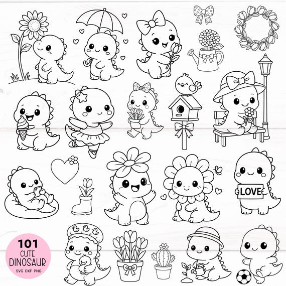 101 Bundle Kawaii dinosaur SVG for Cut File Cute Cartoon Animal, Flower, Floral, Sunflower,Outline Clipart Sticker PNG,for Cricut Silhouette