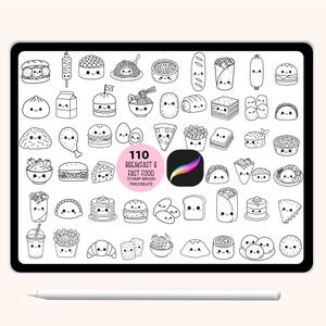 May include: A digital tablet displays a collection of 110 breakfast and fast food illustrations. The black and white drawings include burgers, sushi, pizza, and other food items. The Procreate stamp brush set is designed for digital art.