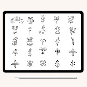 K&ouml;nnte beinhalten: Ein digitaler Tablet-Bildschirm zeigt eine Reihe von 20 handgezeichneten floralen und pflanzlichen Illustrationen in Schwarzwei&szlig;. Die Illustrationen umfassen einen Regenbogen, eine Biene, eine Gie&szlig;kanne, einen Kaktus und verschiedene Blumen und Bl&auml;tter.