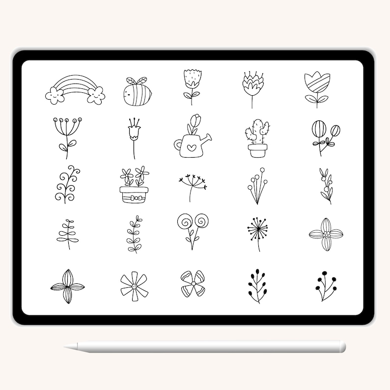 K&ouml;nnte beinhalten: Ein digitaler Tablet-Bildschirm zeigt eine Reihe von 20 handgezeichneten floralen und pflanzlichen Illustrationen in Schwarzwei&szlig;. Die Illustrationen umfassen einen Regenbogen, eine Biene, eine Gie&szlig;kanne, einen Kaktus und verschiedene Blumen und Bl&auml;tter.