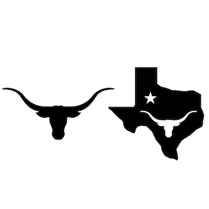 Könnte beinhalten: Schwarze Silhouette eines Texas Longhorn-Stierkopfes mit großen Hörnern und eine schwarze Silhouette des Bundesstaates Texas mit einem weißen Stern und einem weißen Texas Longhorn-Stierkopf im Inneren.