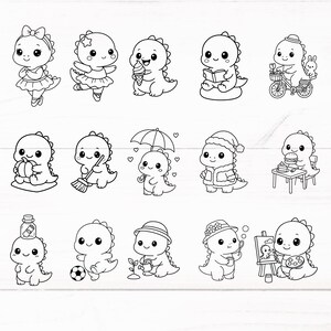 May include: A collection of black and white cartoon dinosaur illustrations. The dinosaurs are depicted in various activities, including ballet, eating ice cream, reading, riding a bike, and painting. The illustrations are simple and cute, suitable for children's designs.