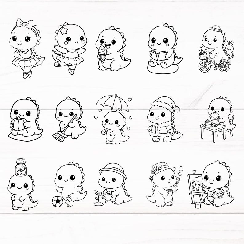 May include: A collection of black and white cartoon dinosaur illustrations. The dinosaurs are depicted in various activities, including ballet, eating ice cream, reading, riding a bike, and painting. The illustrations are simple and cute, suitable for children's designs.