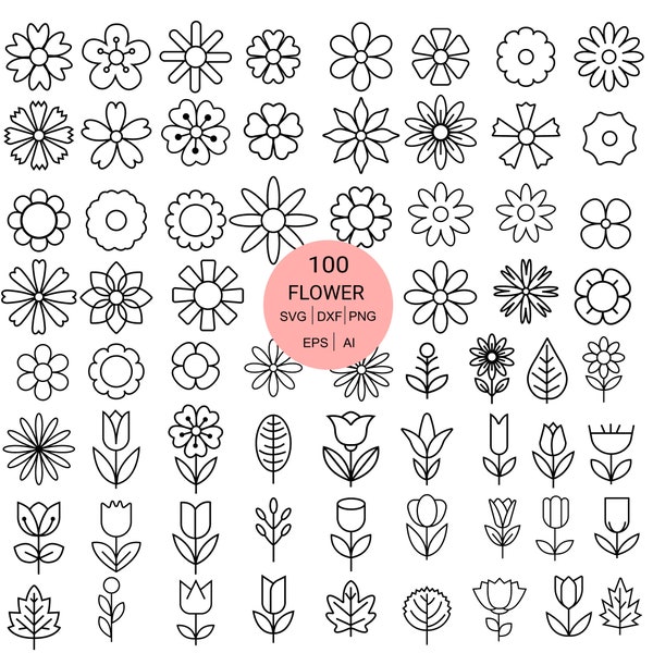 100 Cute flower svg bundle, floral leaf leaves flower icon svg, Flat flowers flower clipart svg png dxf eps cut file for silhouette cricut