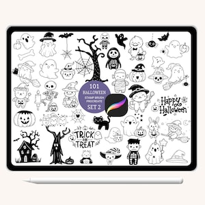 May include: A digital art set with 101 Halloween stamp brushes for Procreate. The black and white illustrations include ghosts, pumpkins, witches, skeletons, bats, spiders, and the words "Trick or Treat" and "Happy Halloween".